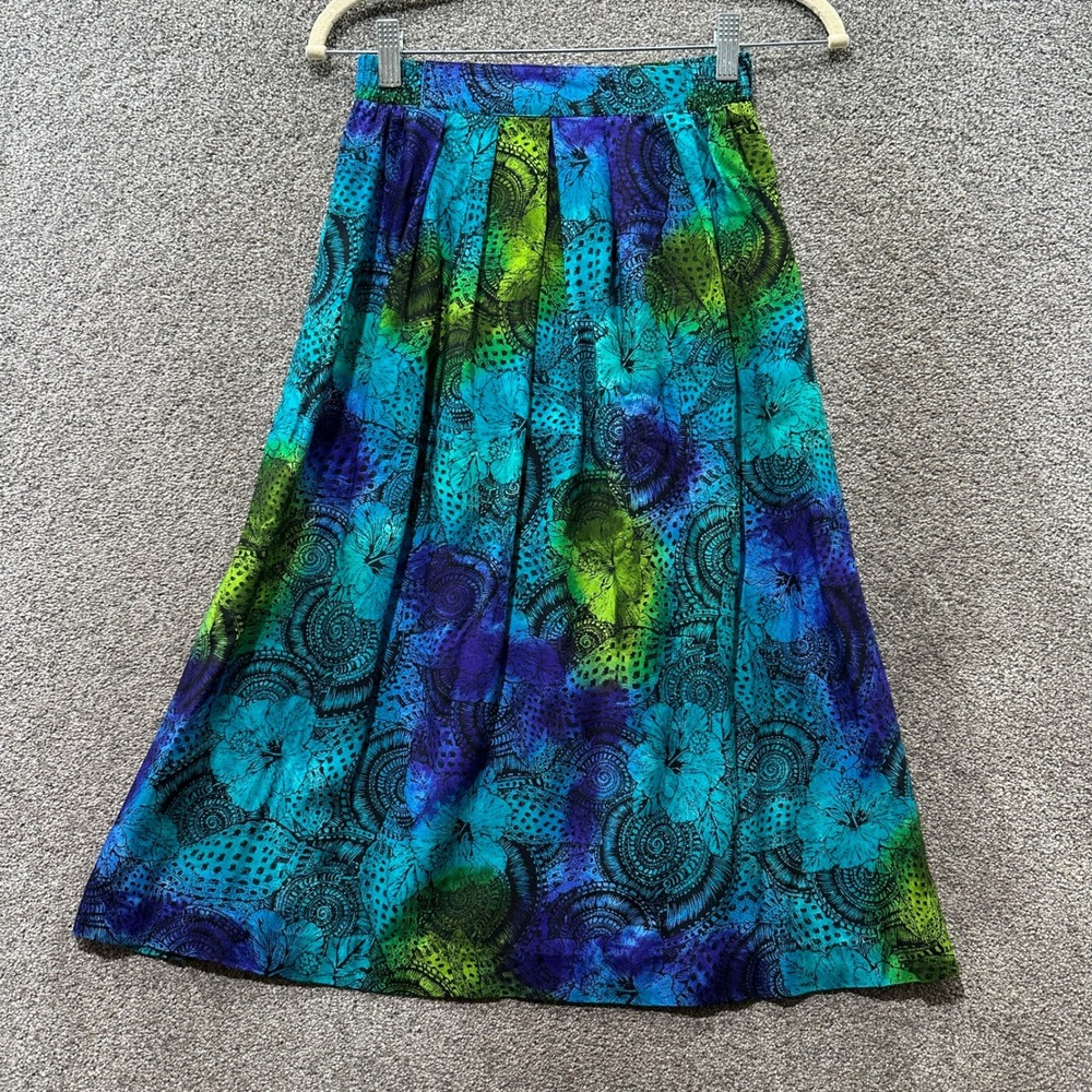 VTG 90s Norton McNaughton Rayon Pleated Midi Skirt Blue Floral Size 4 Retro